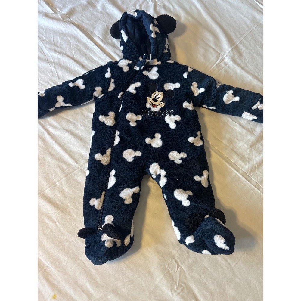 Disney Baby Mickey Mouse Fleece Pram Suit Baby 6M Navy Blue Hooded Ear
